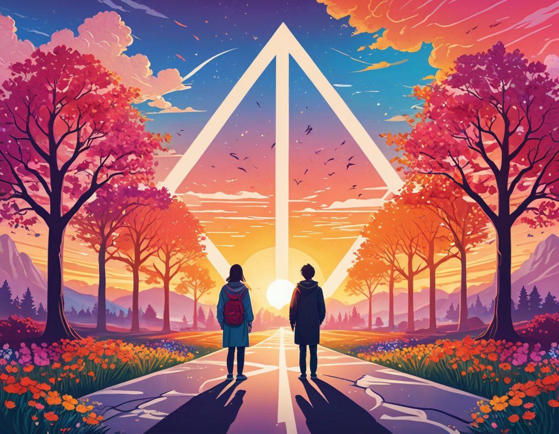 A person standing at a crossroads with four distinct paths, each representing a different MBTI personality type. The background features a serene landscape symbolizing self-awareness and growth, with vibrant flowers and trees signifying potential and success. The sky is filled with warm hues of sunrise, reflecting a journey towards transformation. vector art. vibrant colors.