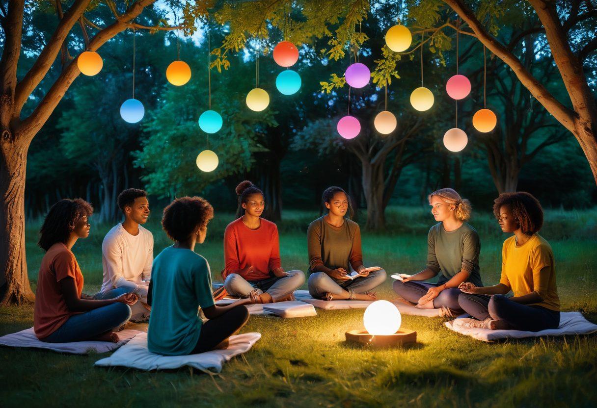 A diverse group of individuals engaged in self-discovery activities like reading, meditating, and discussing personality profiles, with Myers-Briggs personality types (like ENFP, INFJ) floating around them as colorful, glowing orbs. Include a tranquil and inspiring background with nature elements. super-realistic. vibrant colors.
