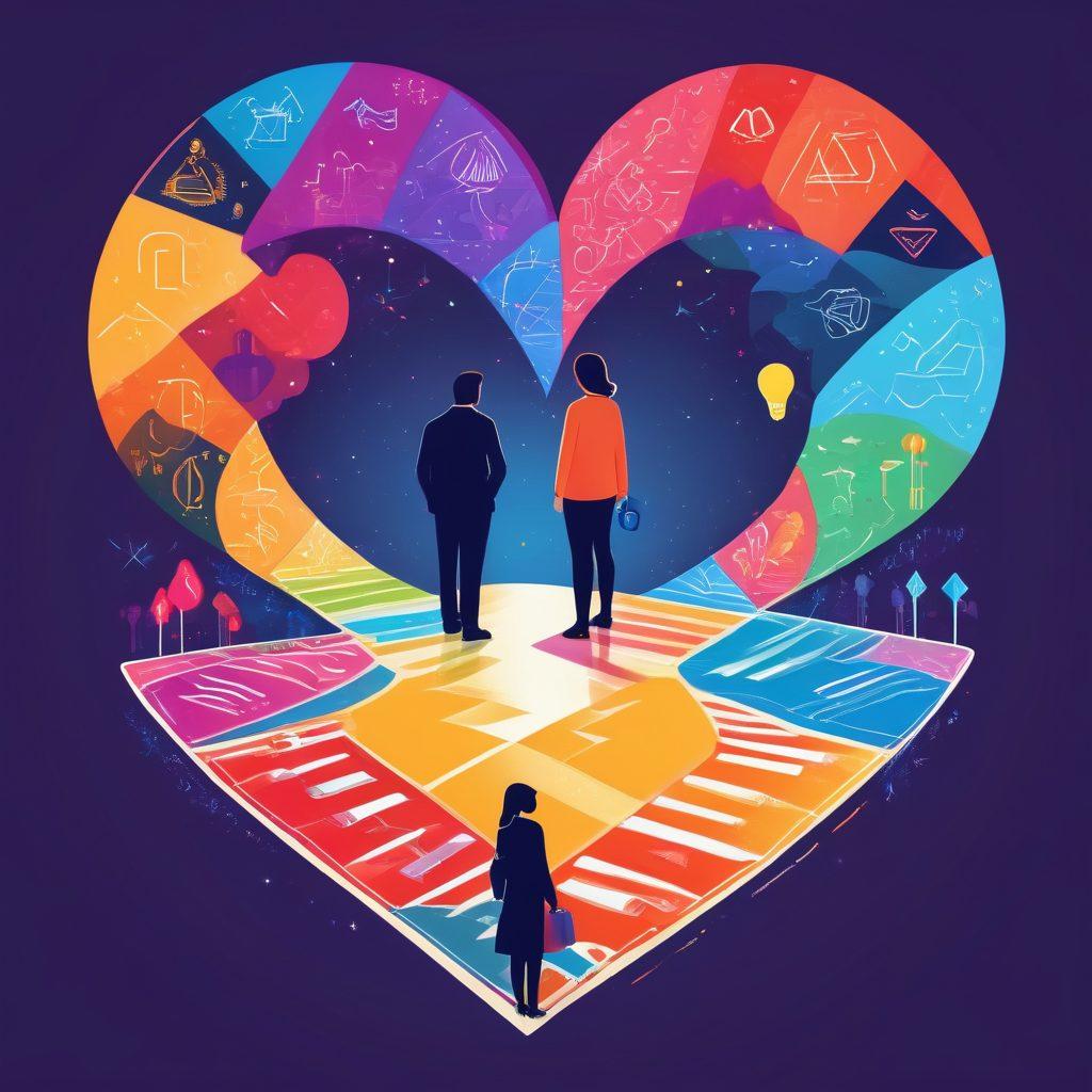 An inspiring image featuring a person standing at a crossroads, with pathways leading to different successful futures symbolized by icons (e.g., a suitcase for career, a heart for relationships, a light bulb for ideas). Surrounding the figure, colorful intertwining DNA strands symbolizing individual personality traits inspired by the Myers-Briggs test. The background should be a mix of abstract patterns and growth-indicating elements like upward arrows. digital art. vibrant colors.